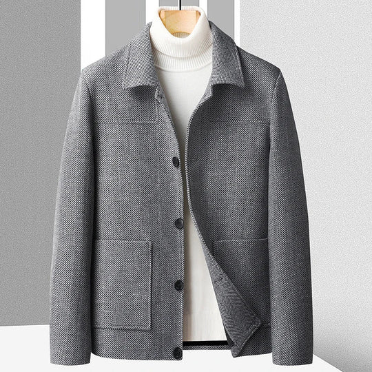 Fischgrat Wolljacke Herren Knopfleiste Zwei Taschen