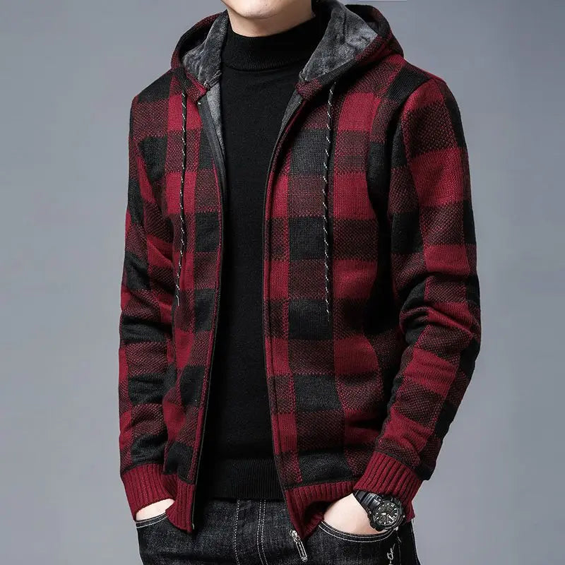 Karierter Zip Hoodie Herren Plüschfutter Kapuze Warm