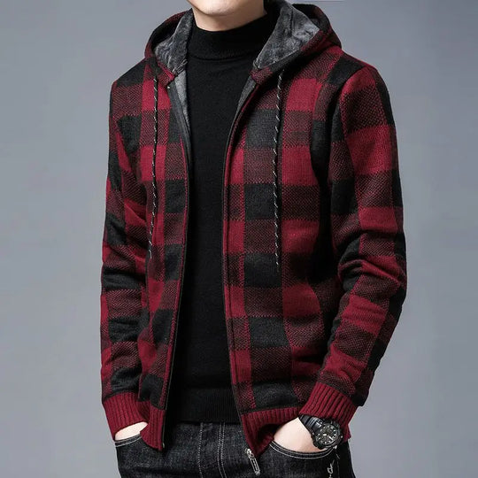 Karierter Zip Hoodie Herren Plüschfutter Kapuze Warm
