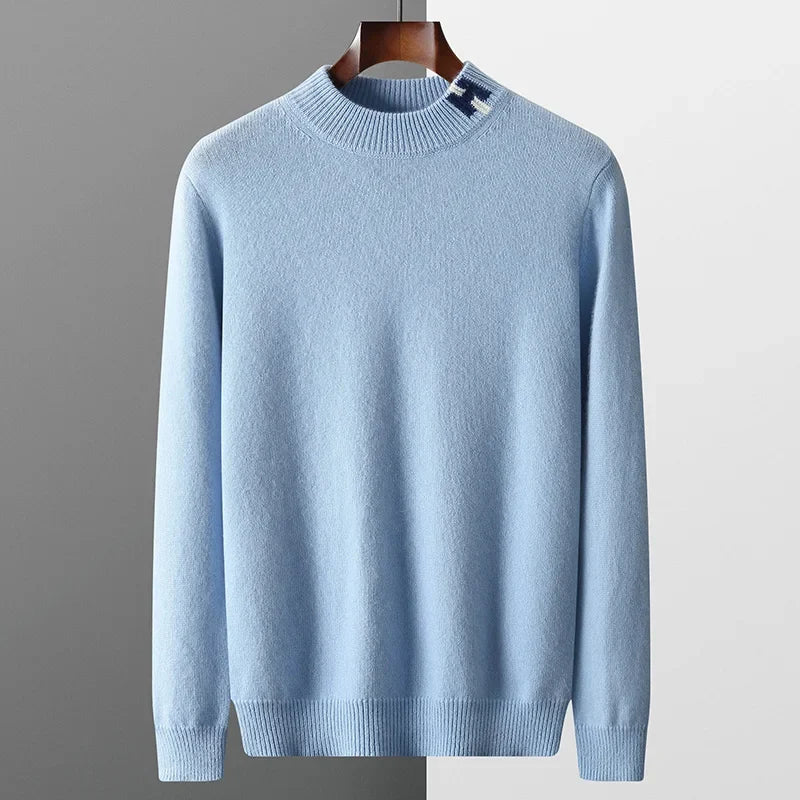 Leichter Woll Pullover Herren Rundhals Rippdetails