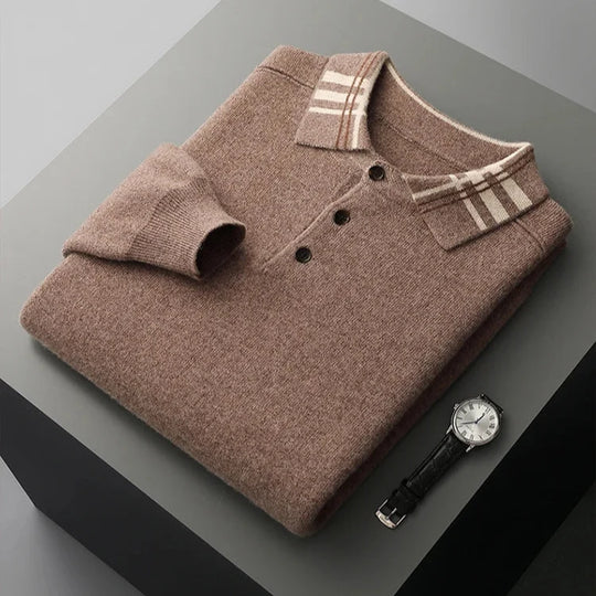 Woll Pullover Herren Gestreifter Kragen Knopfleiste