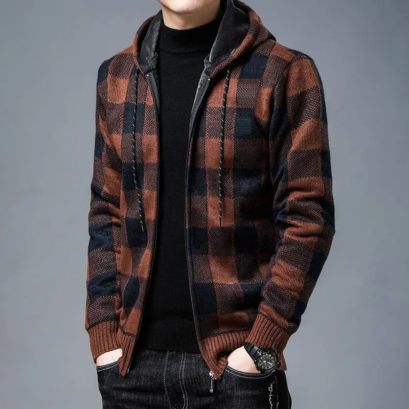 Karierter Zip Hoodie Herren Plüschfutter Kapuze Warm