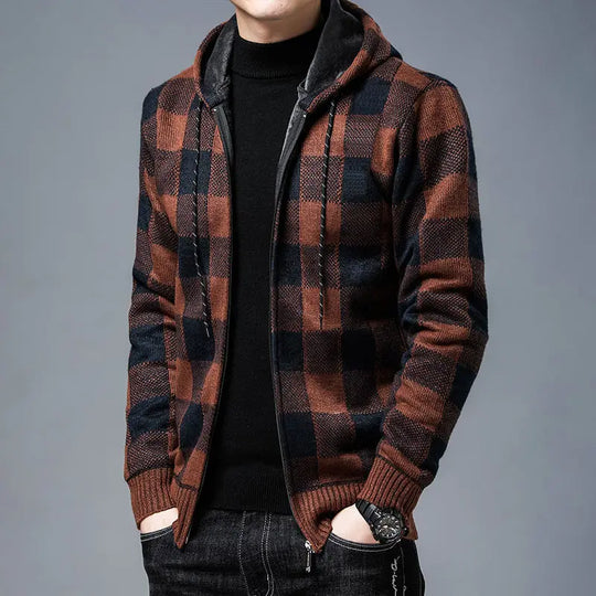 Karierter Zip Hoodie Herren Plüschfutter Kapuze Warm
