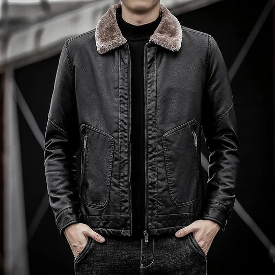 Leder Jacke Herren Fellkragen Zip Geknöpfte Bündchen