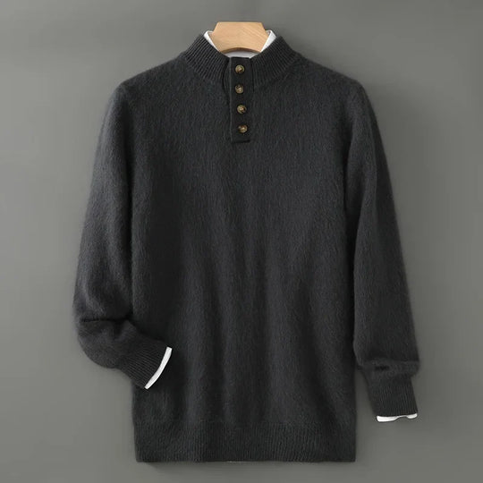 Gebürsteter Woll Pullover Herren Knopfleiste Rippbund