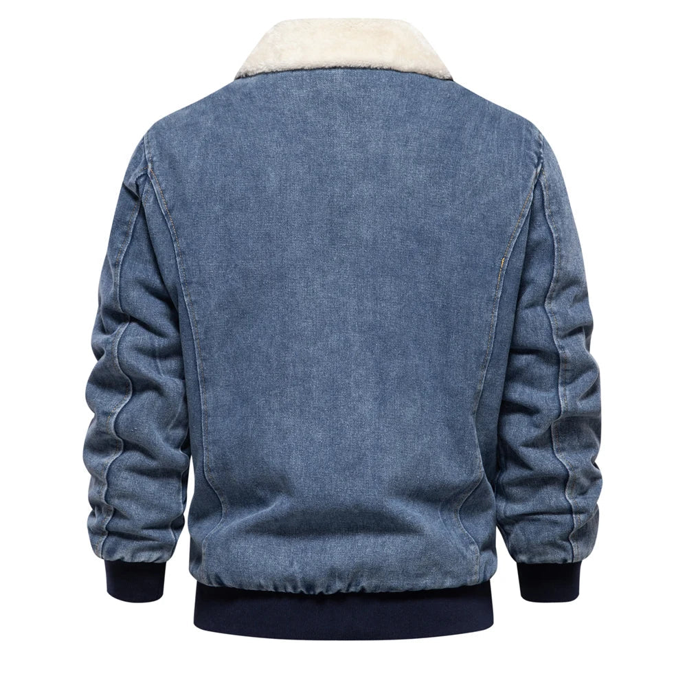 Denim Jacke Herren Fleecefutter Fellkragen Zip Warm