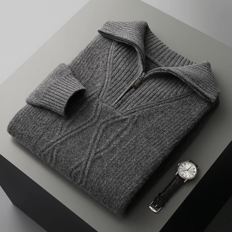 Zopfstrick Pullover Herren Halbzip Rippkragen Struktur