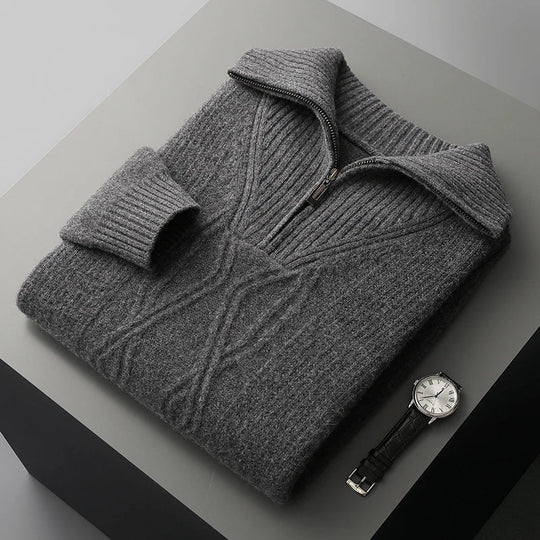 Zopfstrick Pullover Herren Halbzip Rippkragen Struktur