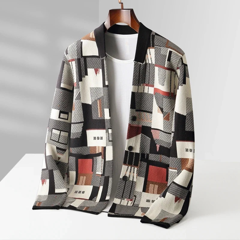 Wollmix Cardigan Herren Abstraktes Muster Tailliert