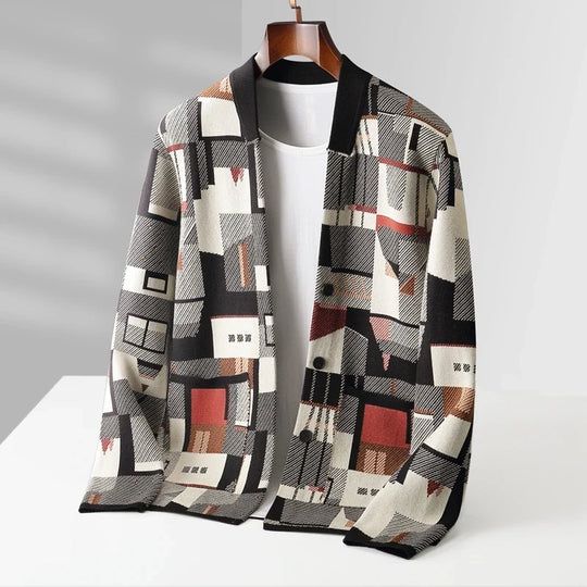 Wollmix Cardigan Herren Abstraktes Muster Tailliert