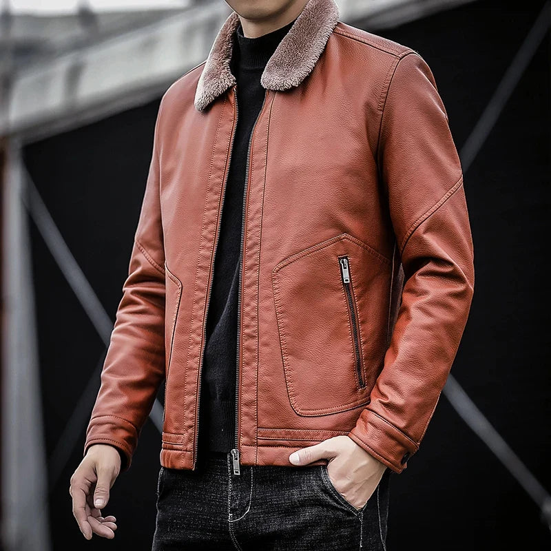 Leder Jacke Herren Fellkragen Zip Geknöpfte Bündchen