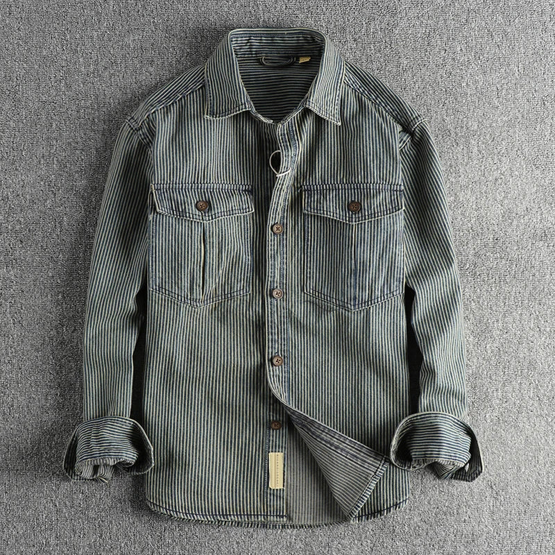 Vintage Jeanshemd Herren Denim Gestreift Casual Hemd