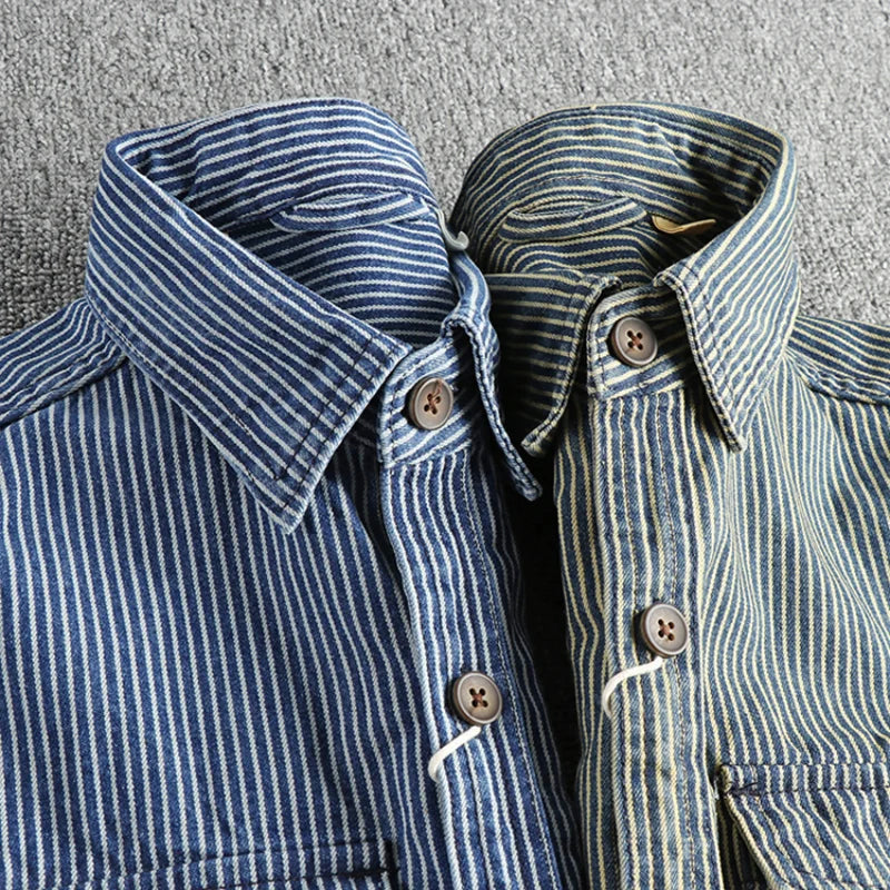 Vintage Jeanshemd Herren Denim Gestreift Casual Hemd