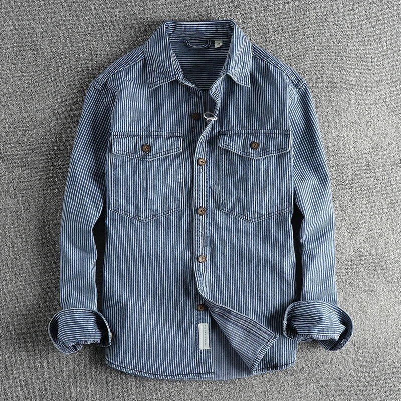 Vintage Jeanshemd Herren Denim Gestreift Casual Hemd