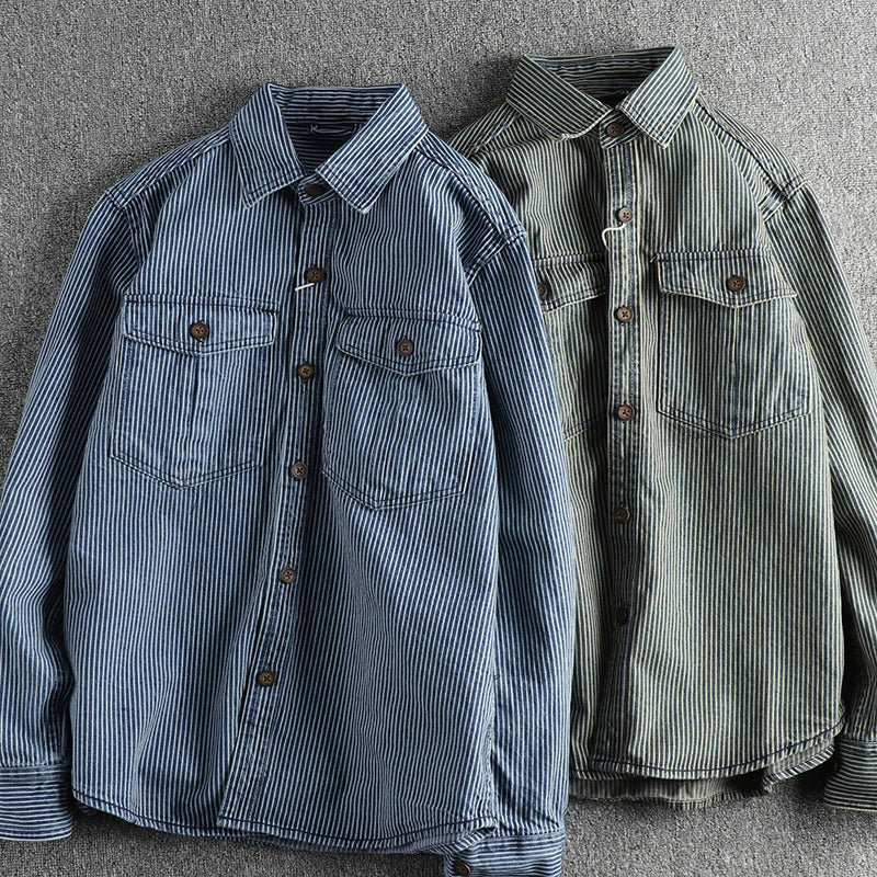 Vintage Jeanshemd Herren Denim Gestreift Casual Hemd