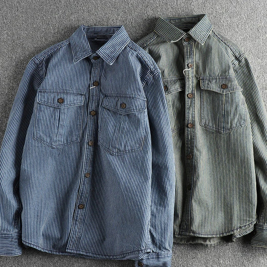 Vintage Jeanshemd Herren Denim Gestreift Casual Hemd