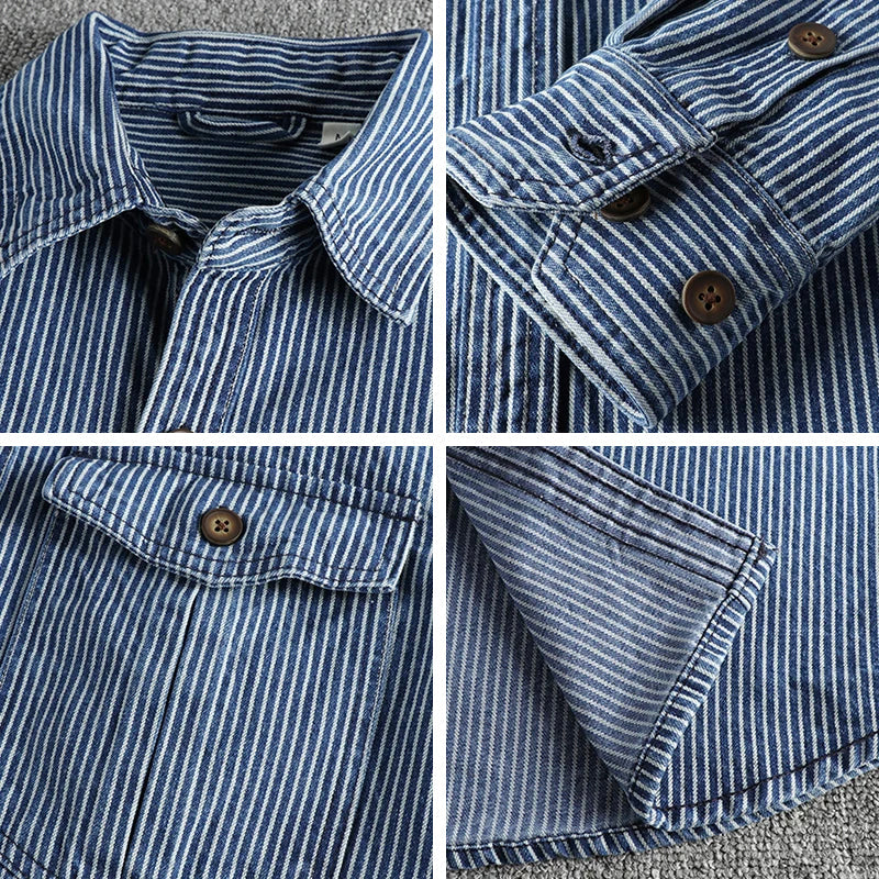 Vintage Jeanshemd Herren Denim Gestreift Casual Hemd