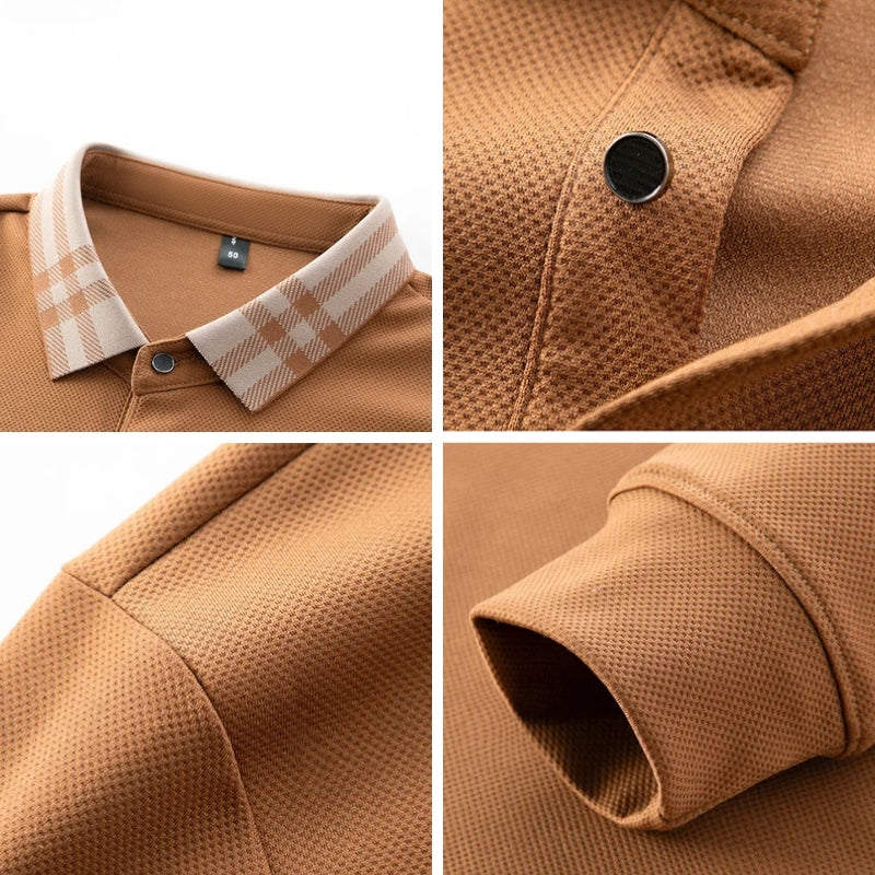 Woll Poloshirt Herren Kariertes Kragendetail Knopfleiste