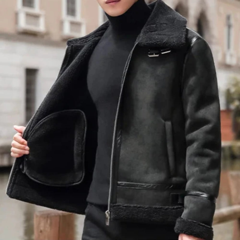 Fleece Jacke Herren Fellkragen Schnallen Zwei Taschen