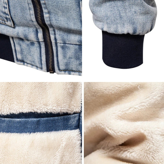 Denim Jacke Herren Fleecefutter Fellkragen Zip Warm