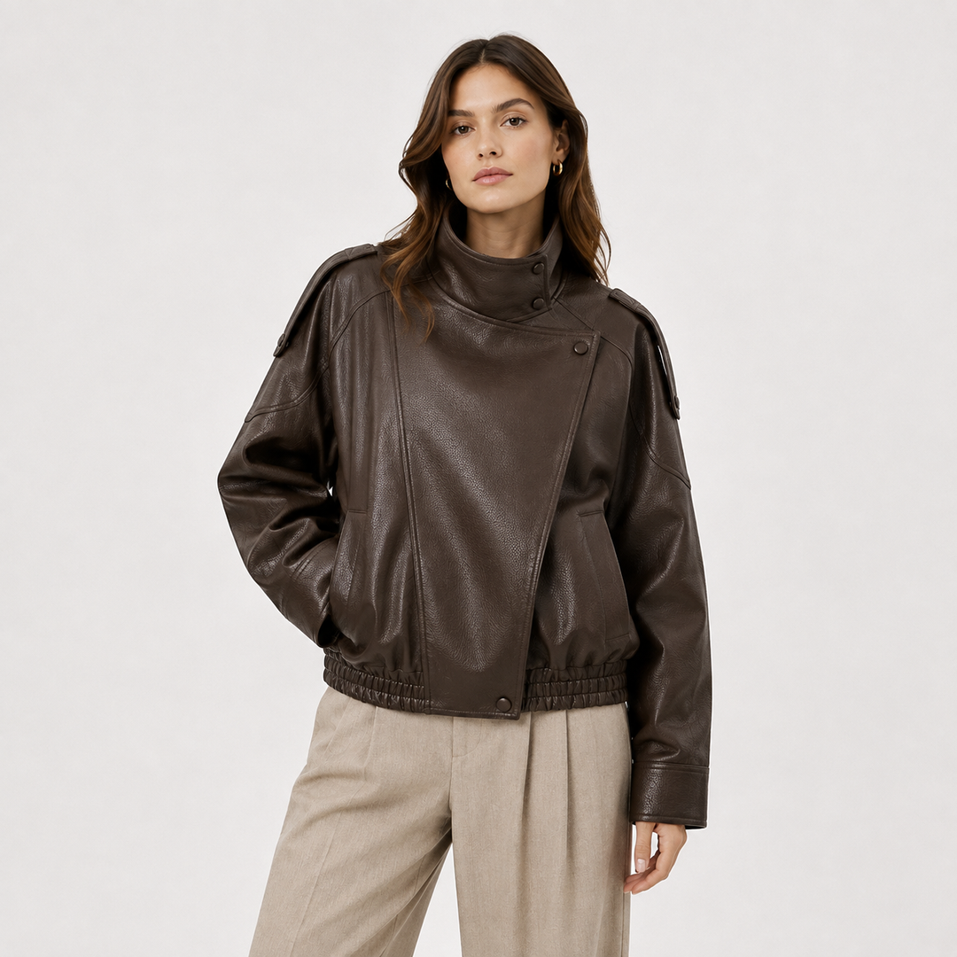 Bikerjacke Damen Kunstleder Asymmetrisch Oversized Locker