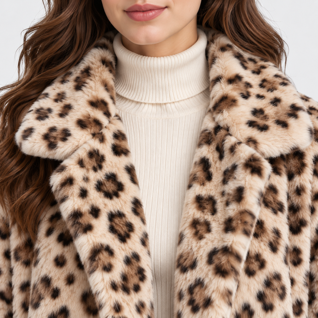 Kunstfellmantel Damen Leoparden Muster Lang Teddy Winter