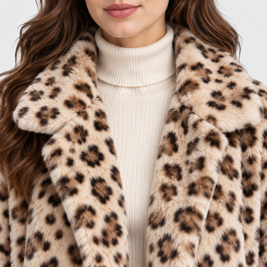 Kunstfellmantel Damen Leoparden Muster Lang Teddy Winter
