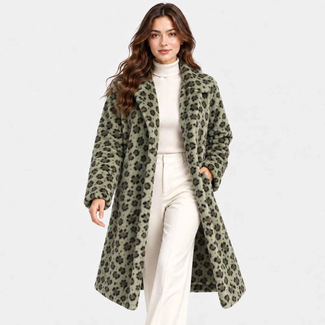 Kunstfellmantel Damen Leoparden Muster Lang Teddy Winter