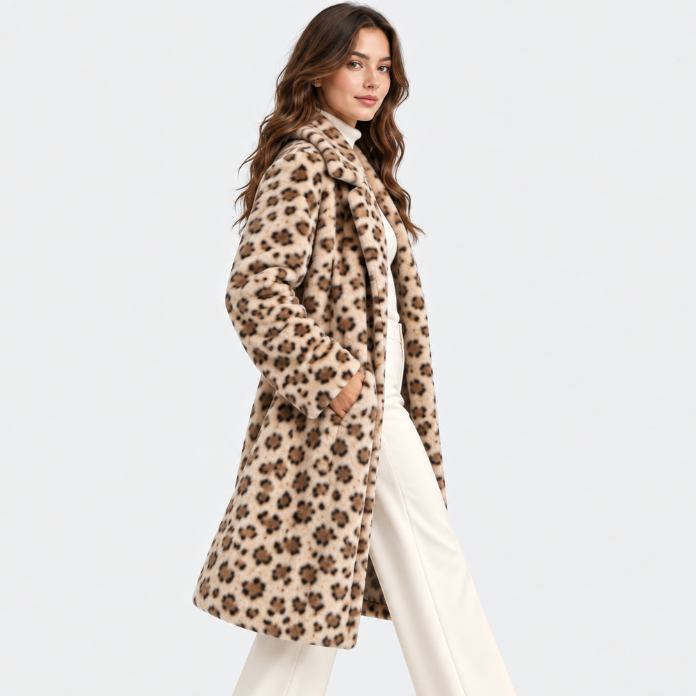 Kunstfellmantel Damen Leoparden Muster Lang Teddy Winter