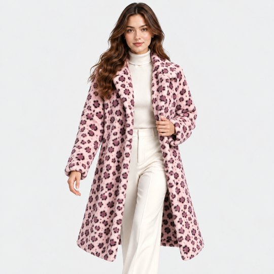Kunstfellmantel Damen Leoparden Muster Lang Teddy Winter