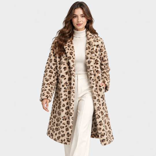 Kunstfellmantel Damen Leoparden Muster Lang Teddy Winter