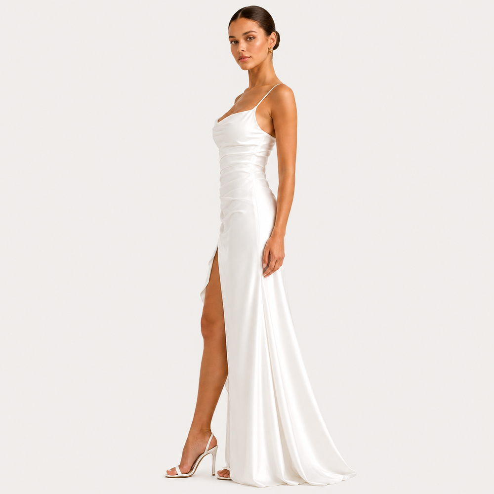 Satinkleid Damen Maxi Drapiert Ärmellos Elegant