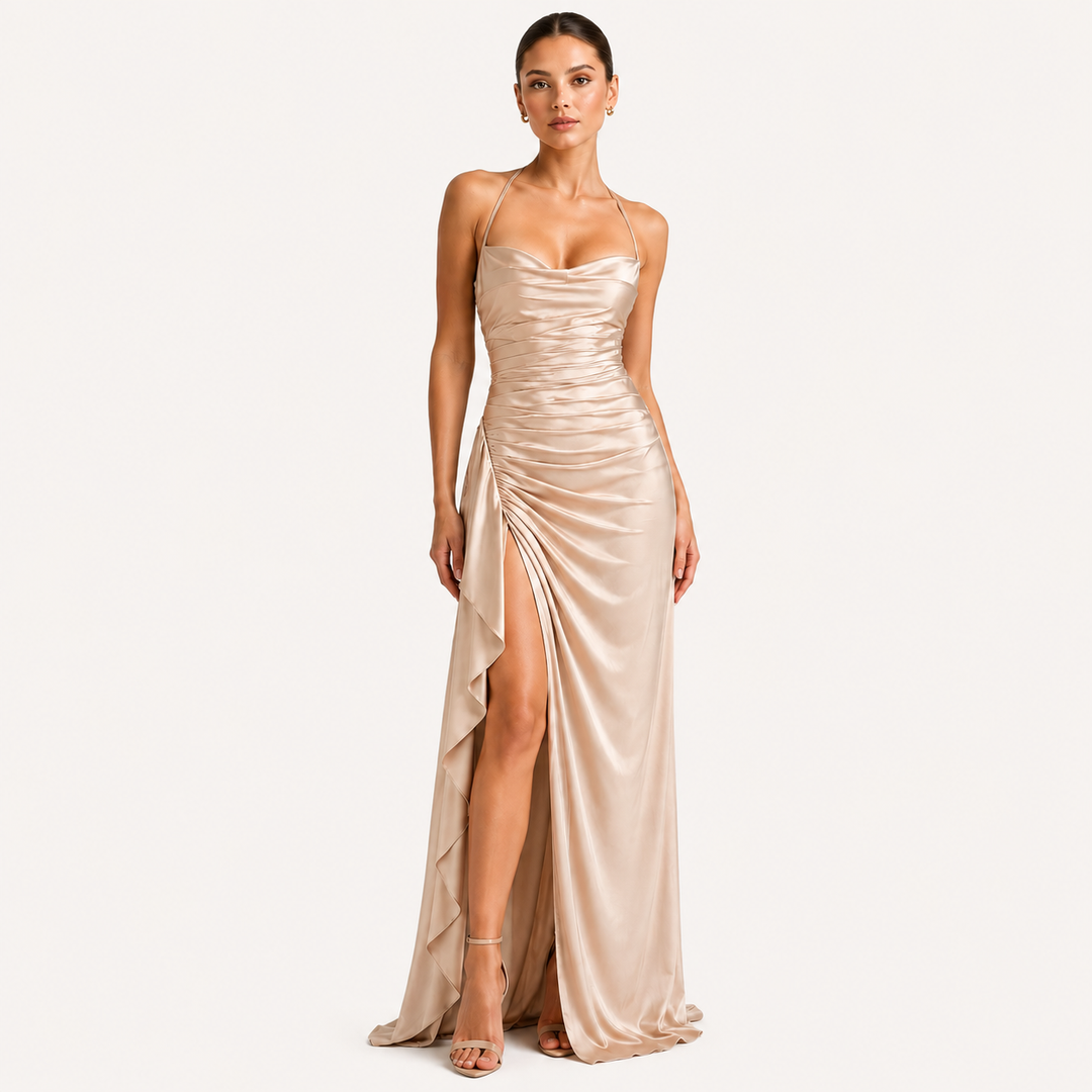 Satinkleid Damen Maxi Drapiert Ärmellos Elegant