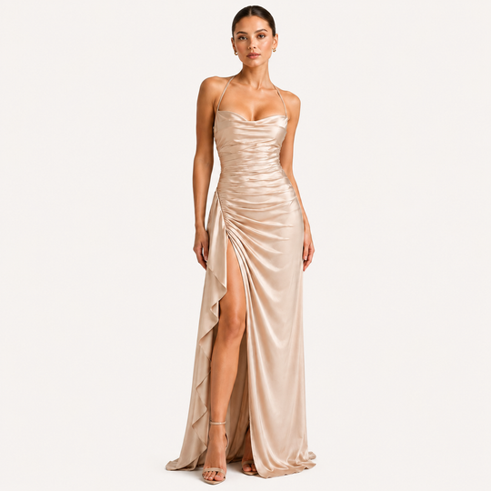 Satinkleid Damen Maxi Drapiert Ärmellos Elegant