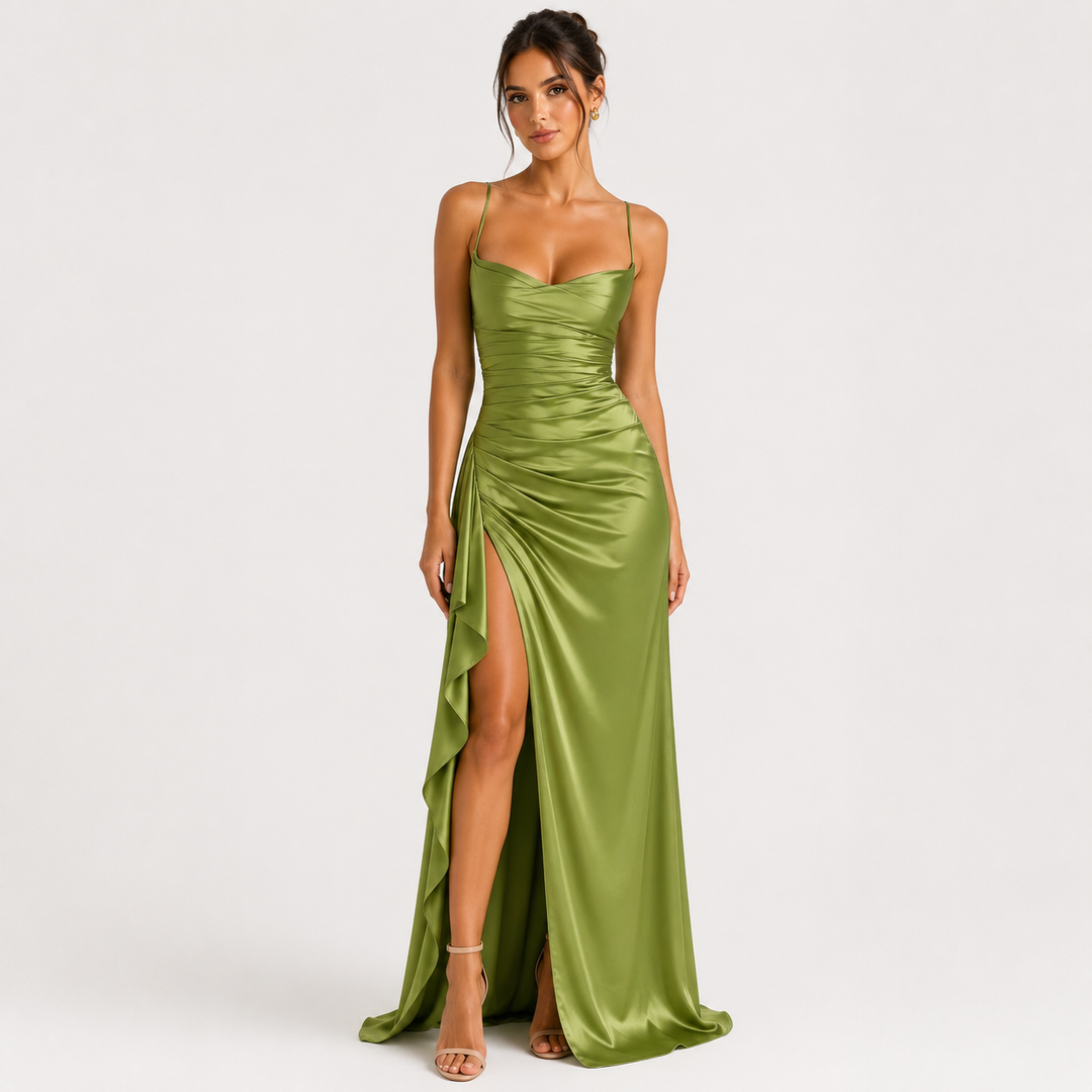Satinkleid Damen Maxi Drapiert Ärmellos Elegant