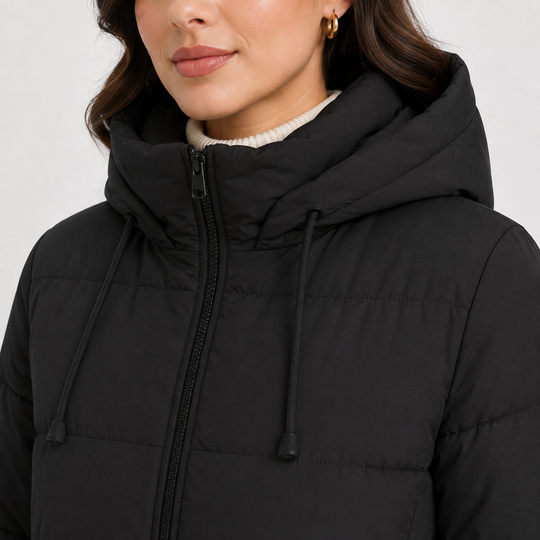 Lange Steppjacke Damen Kapuze Gesteppt Warm Winter
