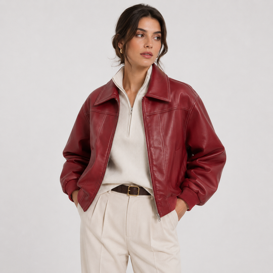 Lederjacke Damen Kunstleder Rot Zeitlos Elegant