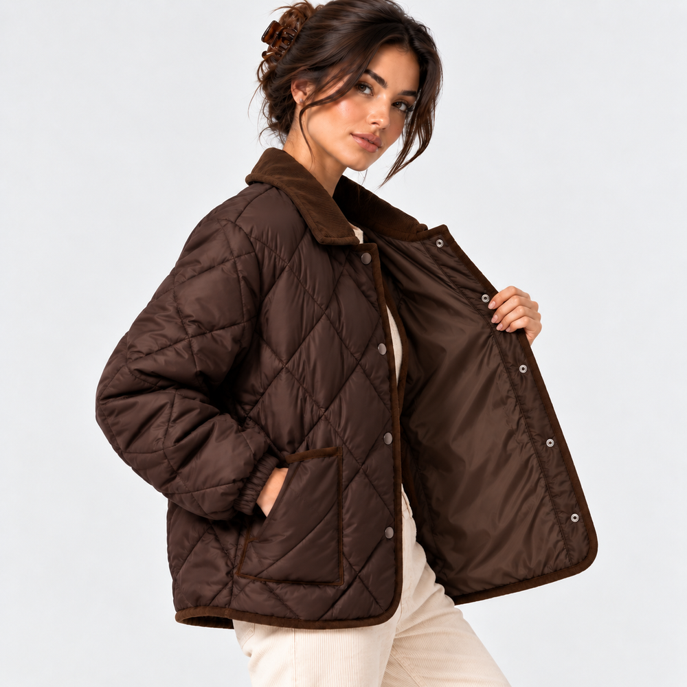Steppjacke Damen Cordkragen Gesteppt Leicht