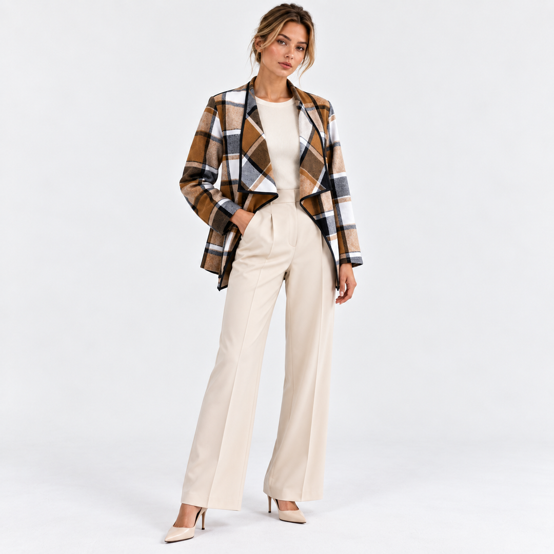 Trenchjacke Damen Kariert Locker Geschnitten Langarm