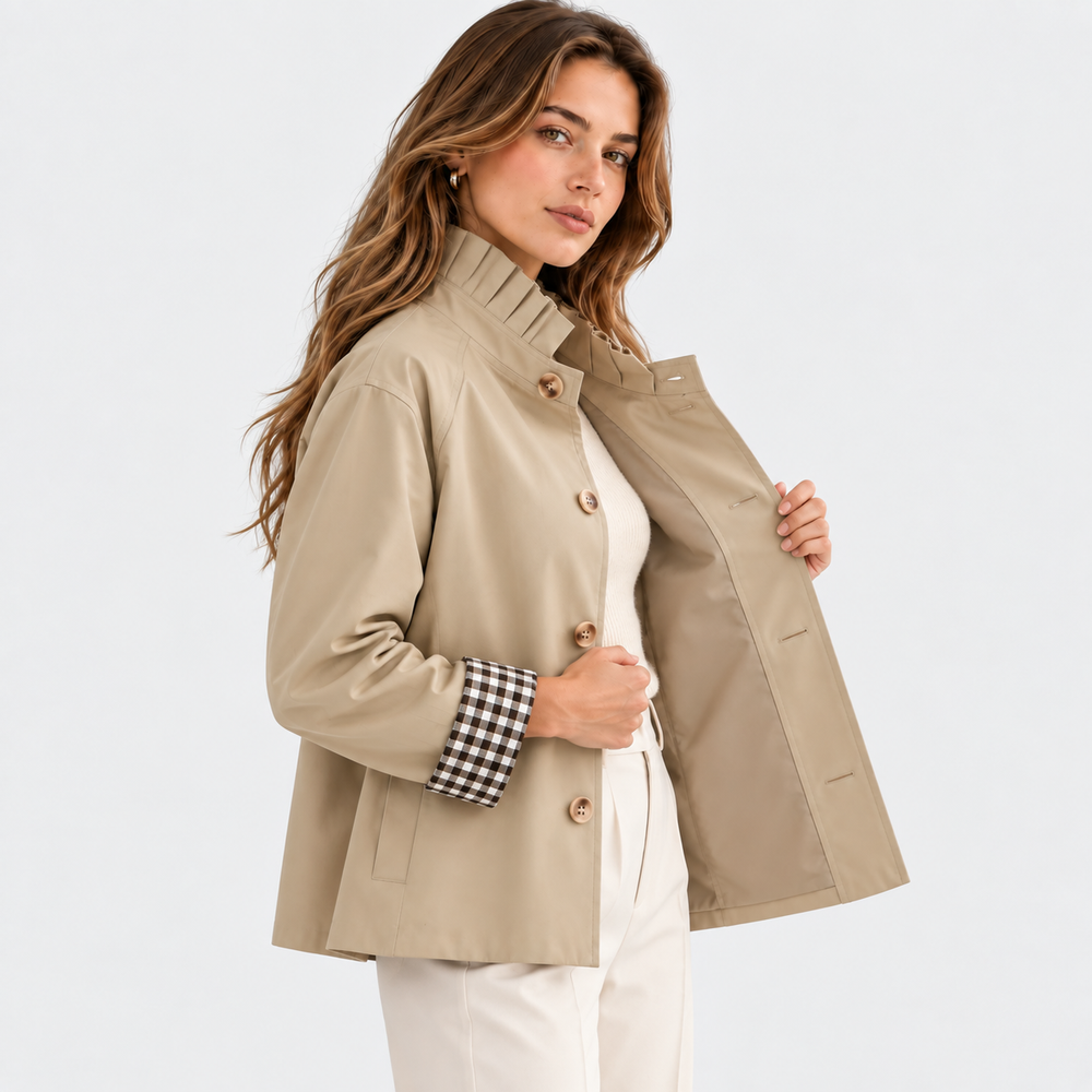 Kurzer Trenchcoat Damen Struktur Knopfleiste Jacke
