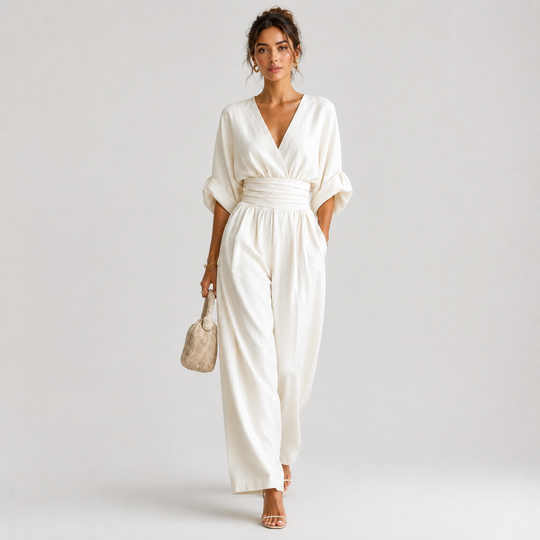 Jumpsuit Damen Weites Bein V-Ausschnitt Elegant