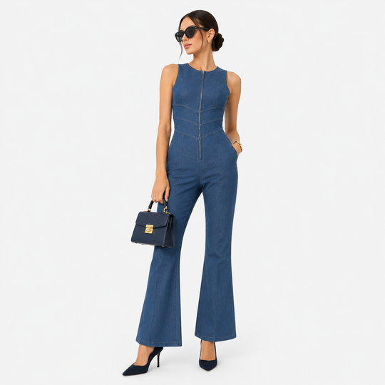 Jeans Jumpsuit Damen Reißverschluss Weites Bein Schlag