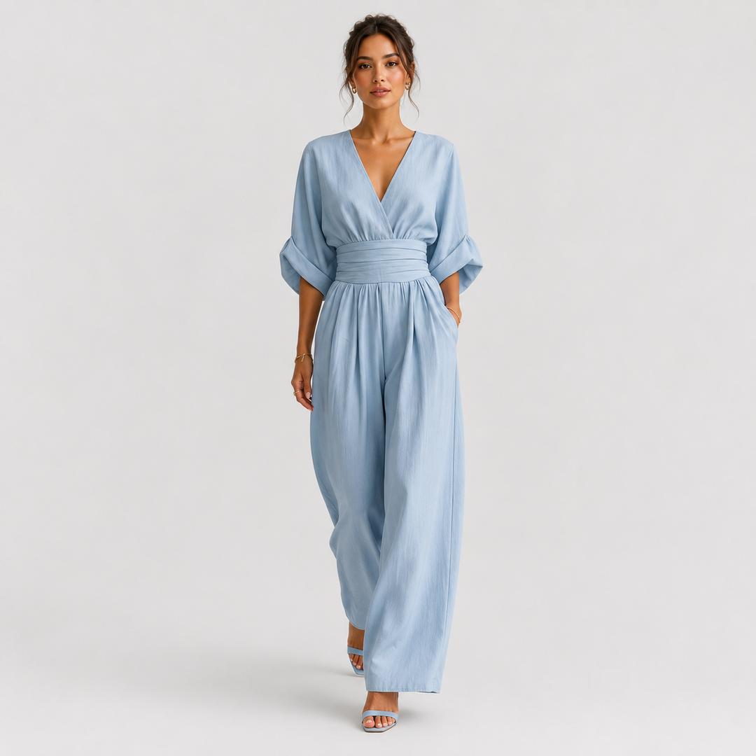 Jumpsuit Damen Weites Bein V-Ausschnitt Elegant