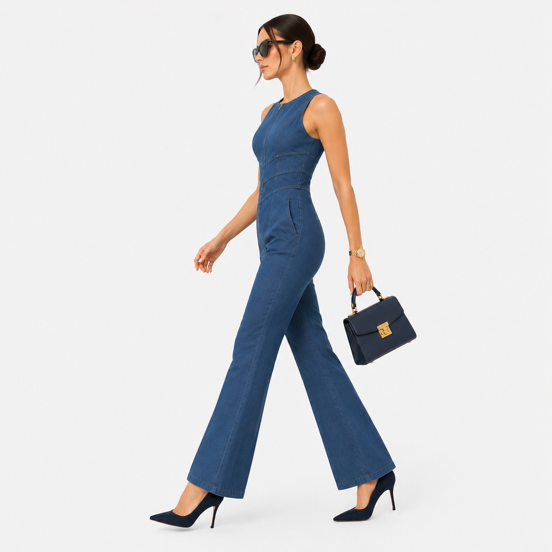 Jeans Jumpsuit Damen Reißverschluss Weites Bein Schlag