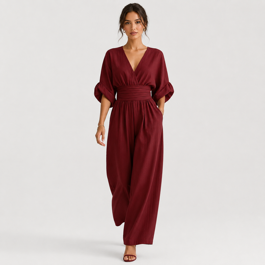 Jumpsuit Damen Weites Bein V-Ausschnitt Elegant