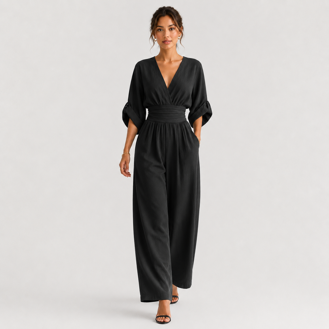 Jumpsuit Damen Weites Bein V-Ausschnitt Elegant
