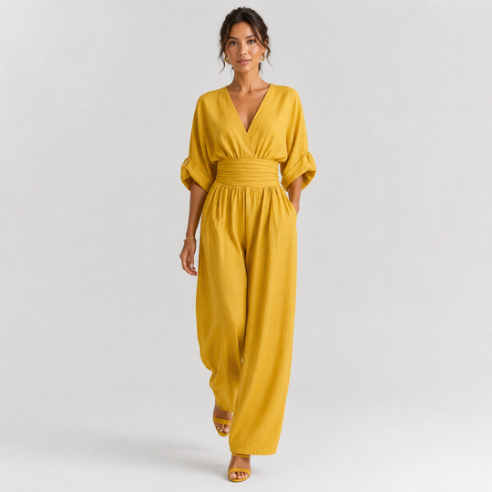 Jumpsuit Damen Weites Bein V-Ausschnitt Elegant