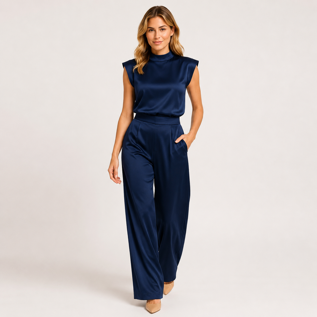 Jumpsuit Damen Satin Optik Ärmellos Weites Bein