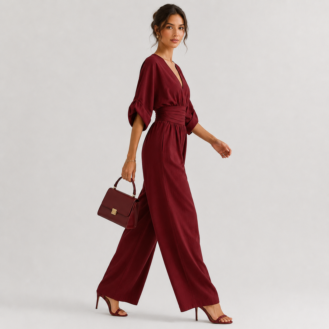 Jumpsuit Damen Weites Bein V-Ausschnitt Elegant
