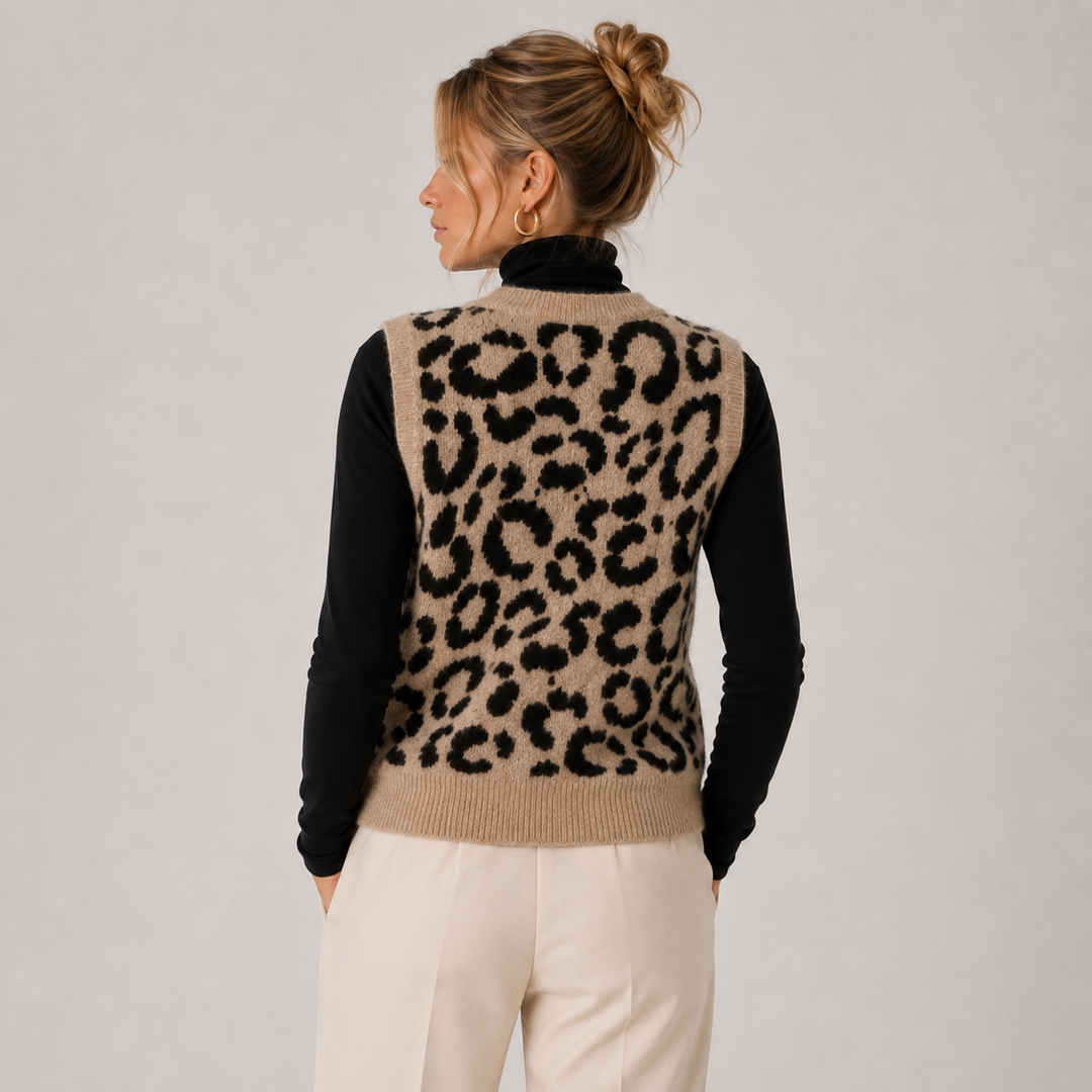 Strickweste Damen Leoparden Muster Knopfleiste Pullunder